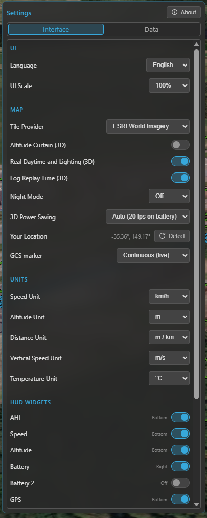 The Settings panel