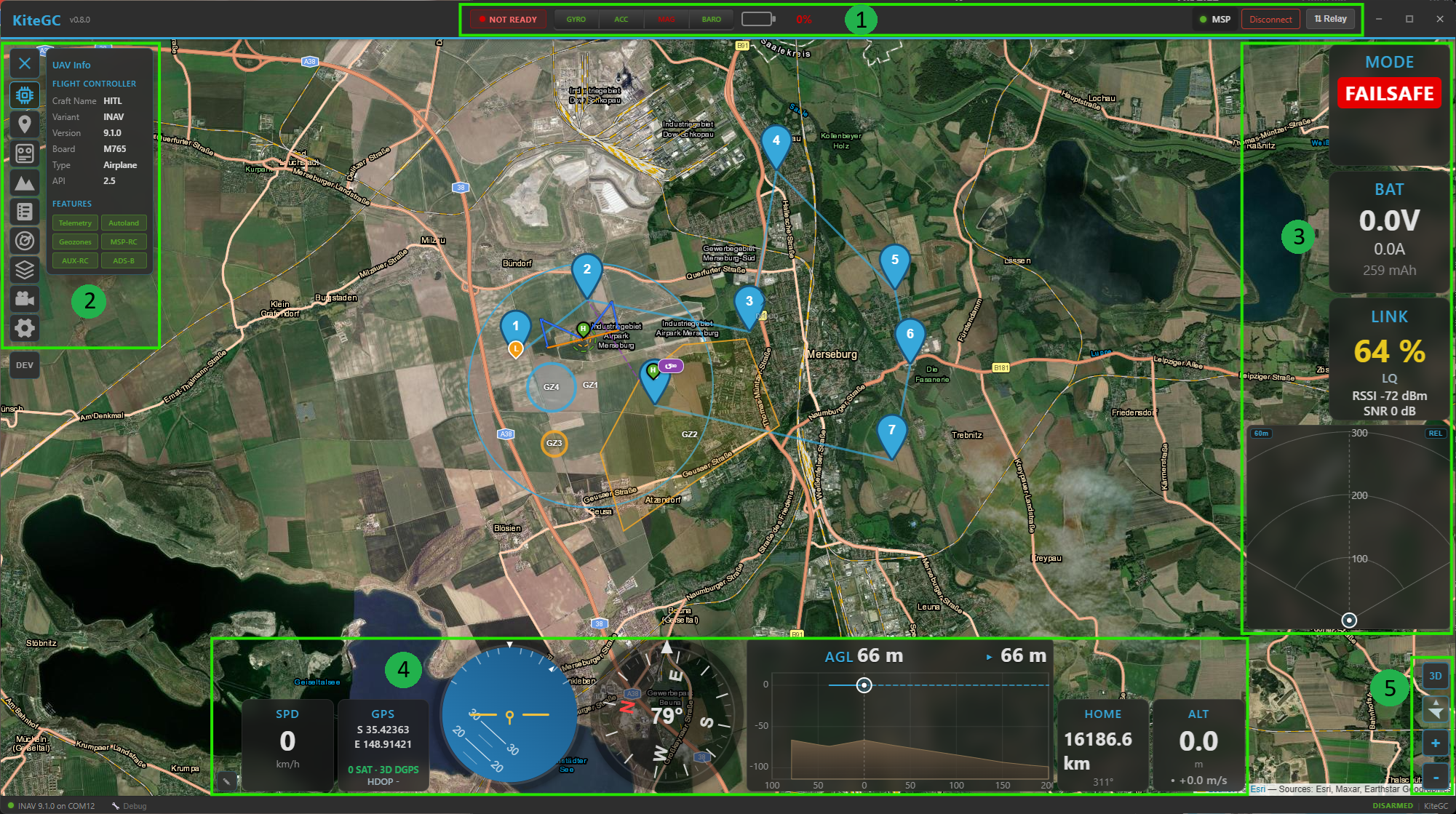 The Kite interface with its main regions numbered