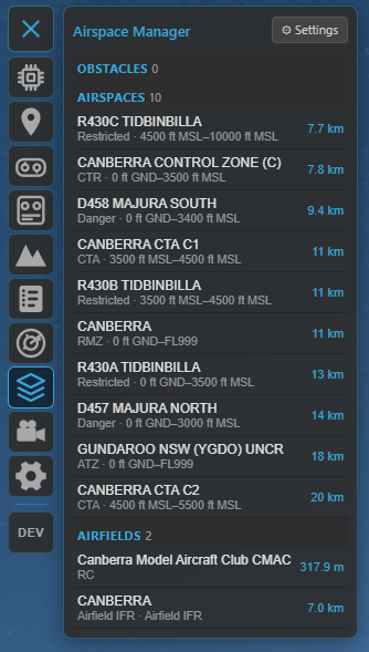 The Airspace Manager panel