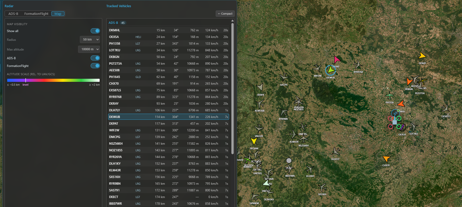 Contacts on the map with the altitude colour scale