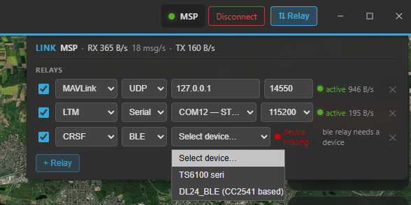 The Telemetry Relay panel
