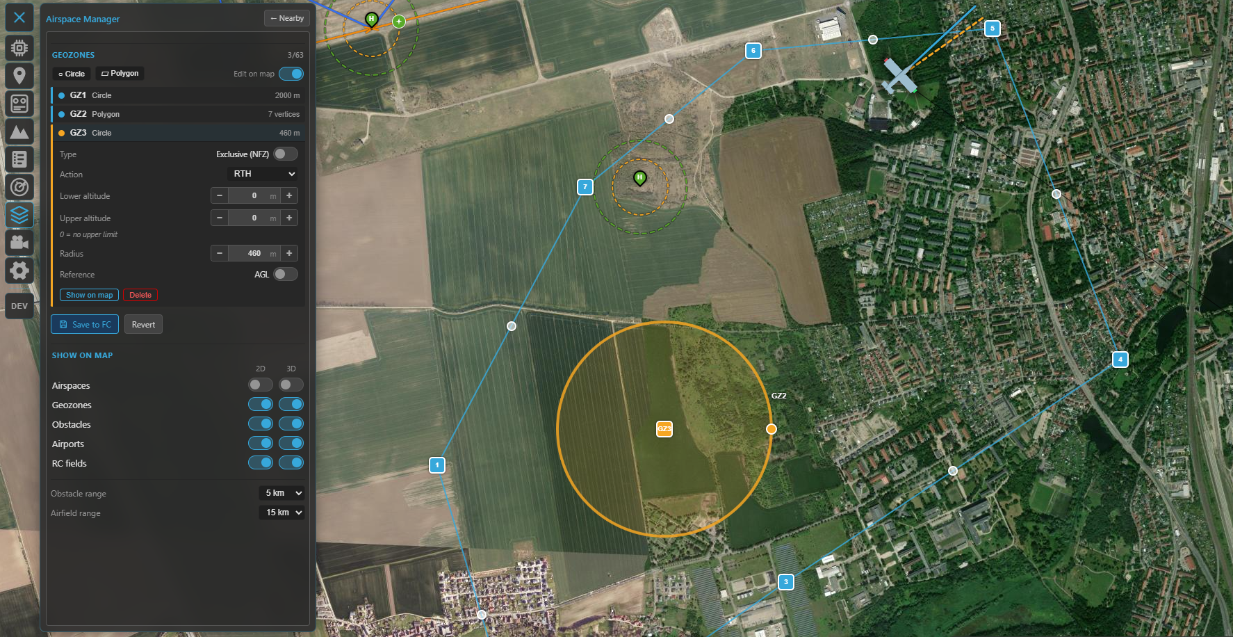 The Geozones editor and zones on the map