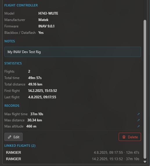 A vehicle build sheet with stats and linked flights